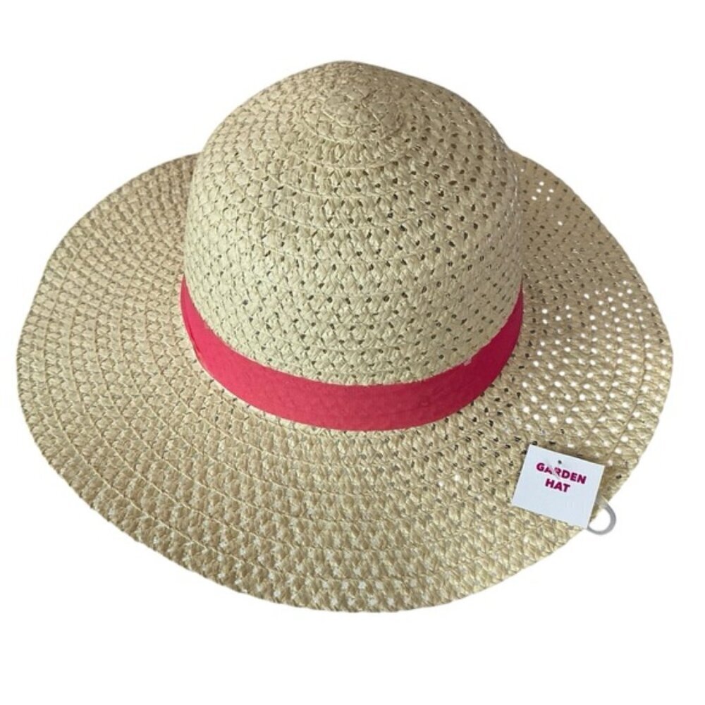 Straw Sun Beach Hat with Wide Brim Boho Chic Pink Coral Ribbon Bow Women OS - Picture 4 of 16